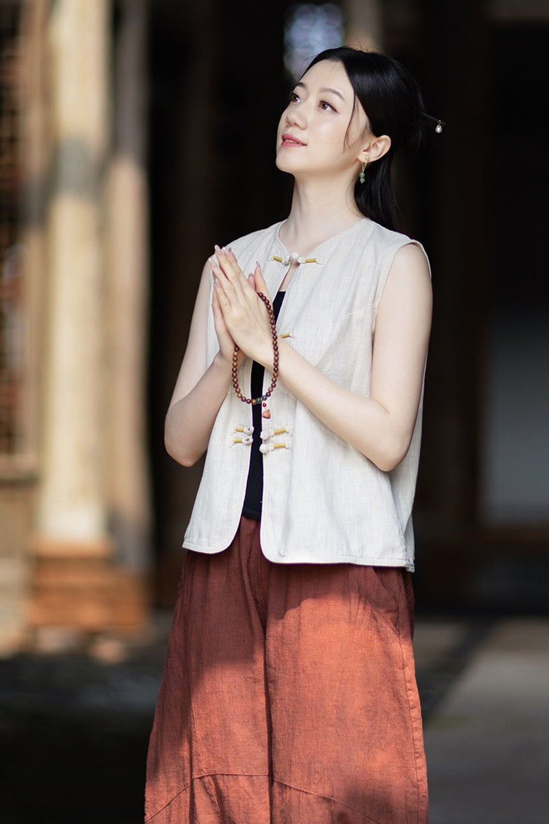 Tao One Tech™ • Business Qigong Cardigan Vest • Sleeveless • Chinoiserie • Ramie Cotton