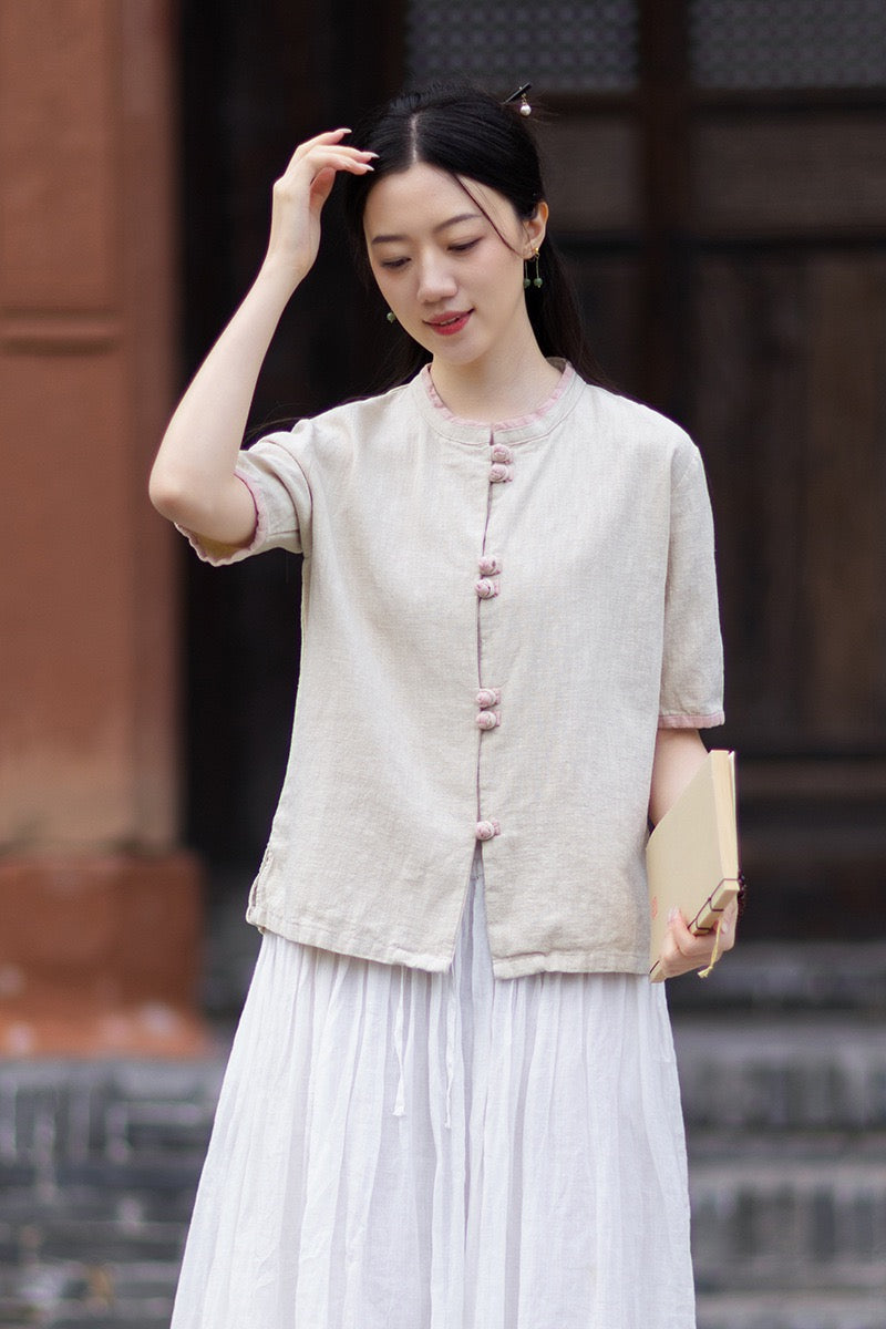 Tao One Tech™ • Floral Petal Art Cardigan Kimono • Business Qigong • Sleeveless • Chinoiserie • Ramie Cotton