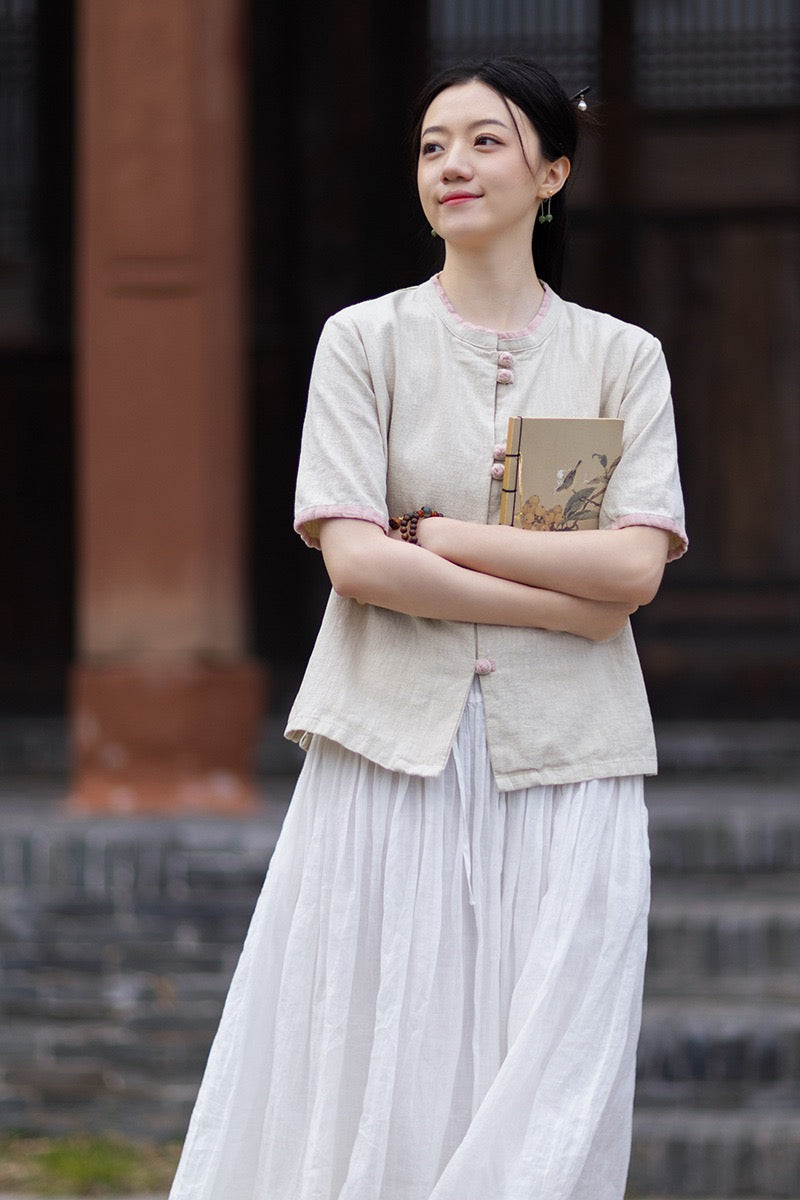 Tao One Tech™ • Floral Petal Art Cardigan Kimono • Business Qigong • Sleeveless • Chinoiserie • Ramie Cotton
