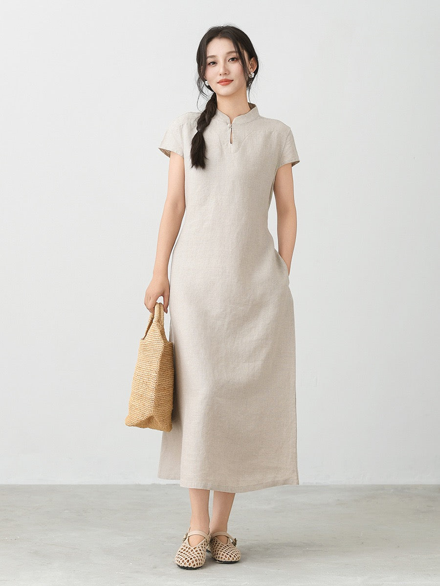 Tao One Tech™ • Elegant Classic Cheongsam Dress • Business Qigong • Long Dress • Tech Pockets • Chinoiserie • Premium Linen • Sizes M-XXL
