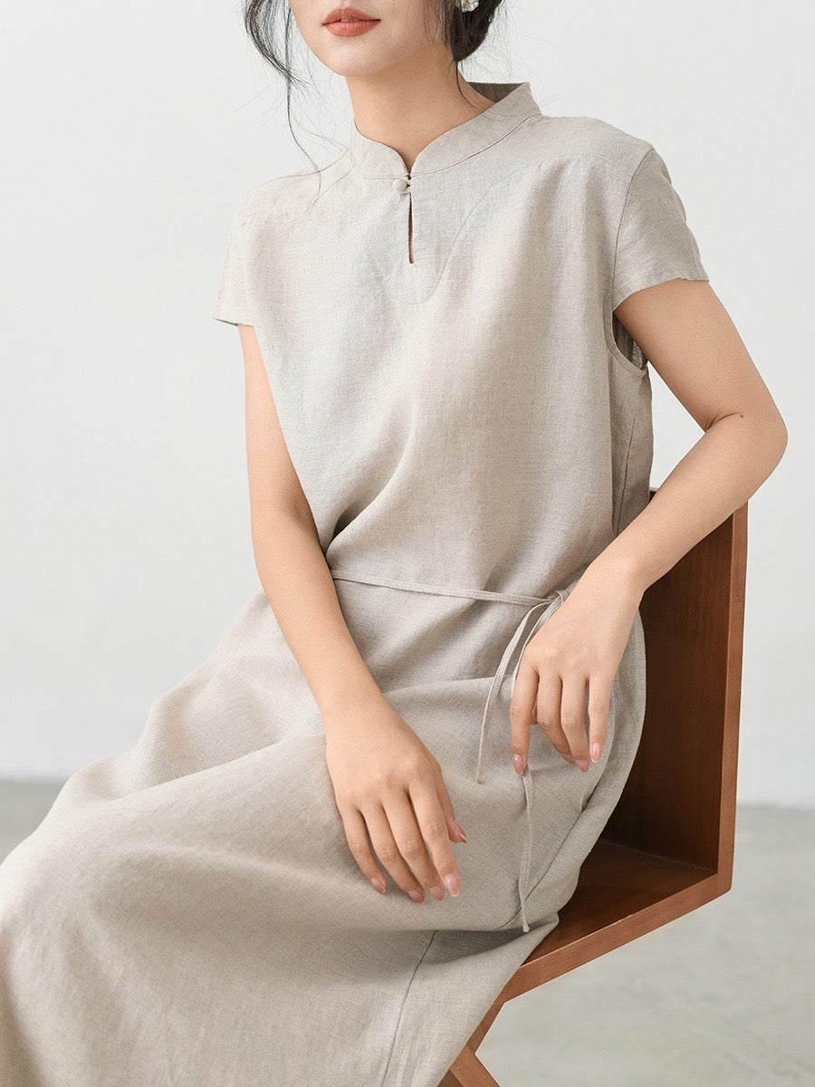 Tao One Tech™ • Elegant Classic Cheongsam Dress • Business Qigong • Long Dress • Tech Pockets • Chinoiserie • Premium Linen • Sizes M-XXL