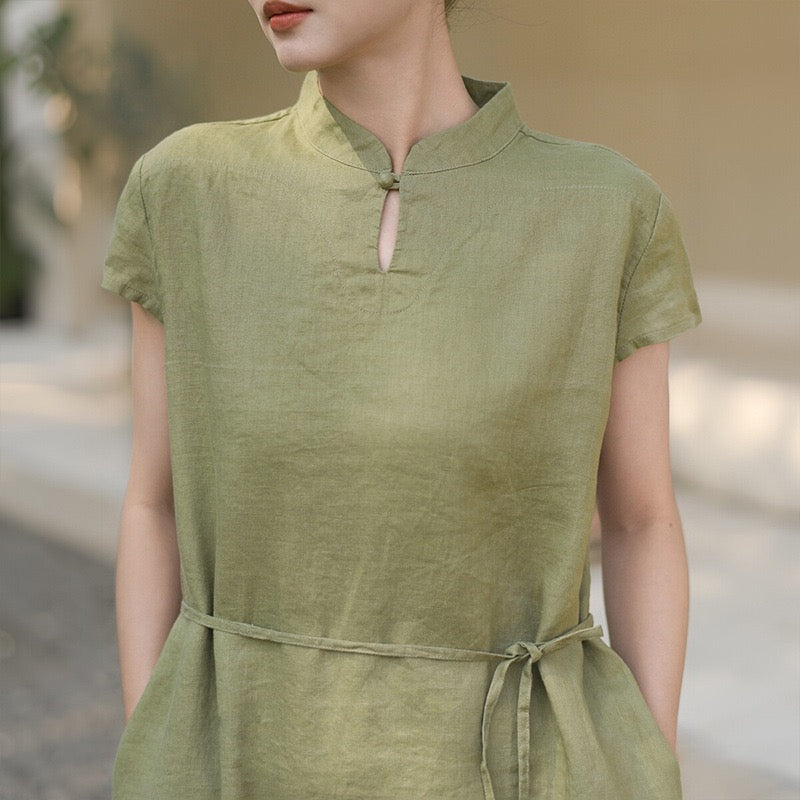 Tao One Tech™ • Elegant Classic Cheongsam Dress • Business Qigong • Long Dress • Tech Pockets • Chinoiserie • Premium Linen • Sizes M-XXL