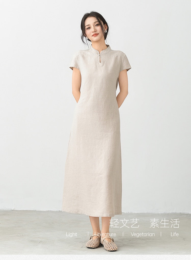 Tao One Tech™ • Elegant Classic Cheongsam Dress • Business Qigong • Long Dress • Tech Pockets • Chinoiserie • Premium Linen • Sizes M-XXL