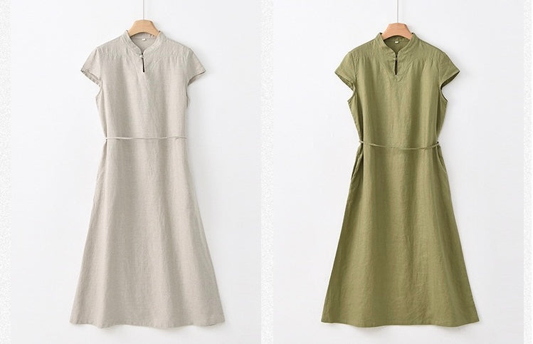 Tao One Tech™ • Elegant Classic Cheongsam Dress • Business Qigong • Long Dress • Tech Pockets • Chinoiserie • Premium Linen • Sizes M-XXL