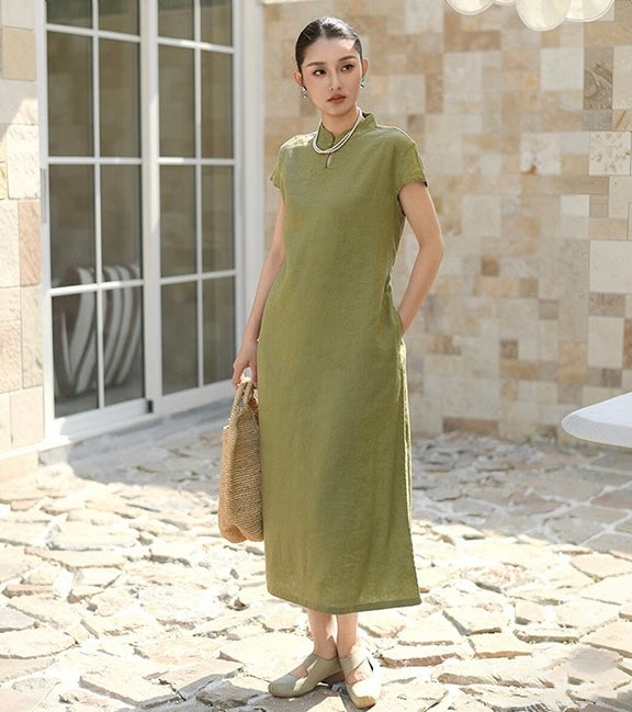 Tao One Tech™ • Elegant Classic Cheongsam Dress • Business Qigong • Long Dress • Tech Pockets • Chinoiserie • Premium Linen • Sizes M-XXL