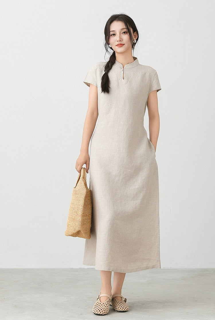 Tao One Tech™ • Elegant Classic Cheongsam Dress • Business Qigong • Long Dress • Tech Pockets • Chinoiserie • Premium Linen • Sizes M-XXL