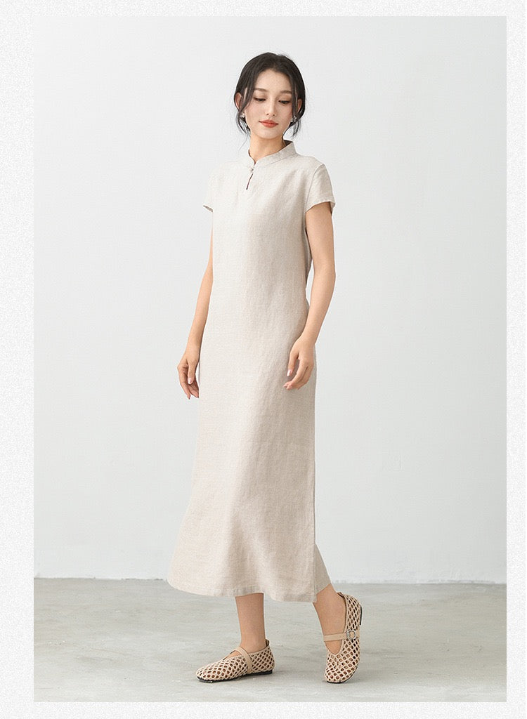 Tao One Tech™ • Elegant Classic Cheongsam Dress • Business Qigong • Long Dress • Tech Pockets • Chinoiserie • Premium Linen • Sizes M-XXL