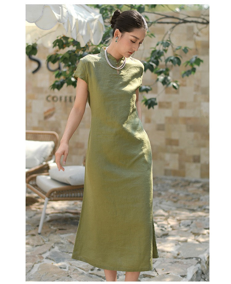 Tao One Tech™ • Elegant Classic Cheongsam Dress • Business Qigong • Long Dress • Tech Pockets • Chinoiserie • Premium Linen • Sizes M-XXL