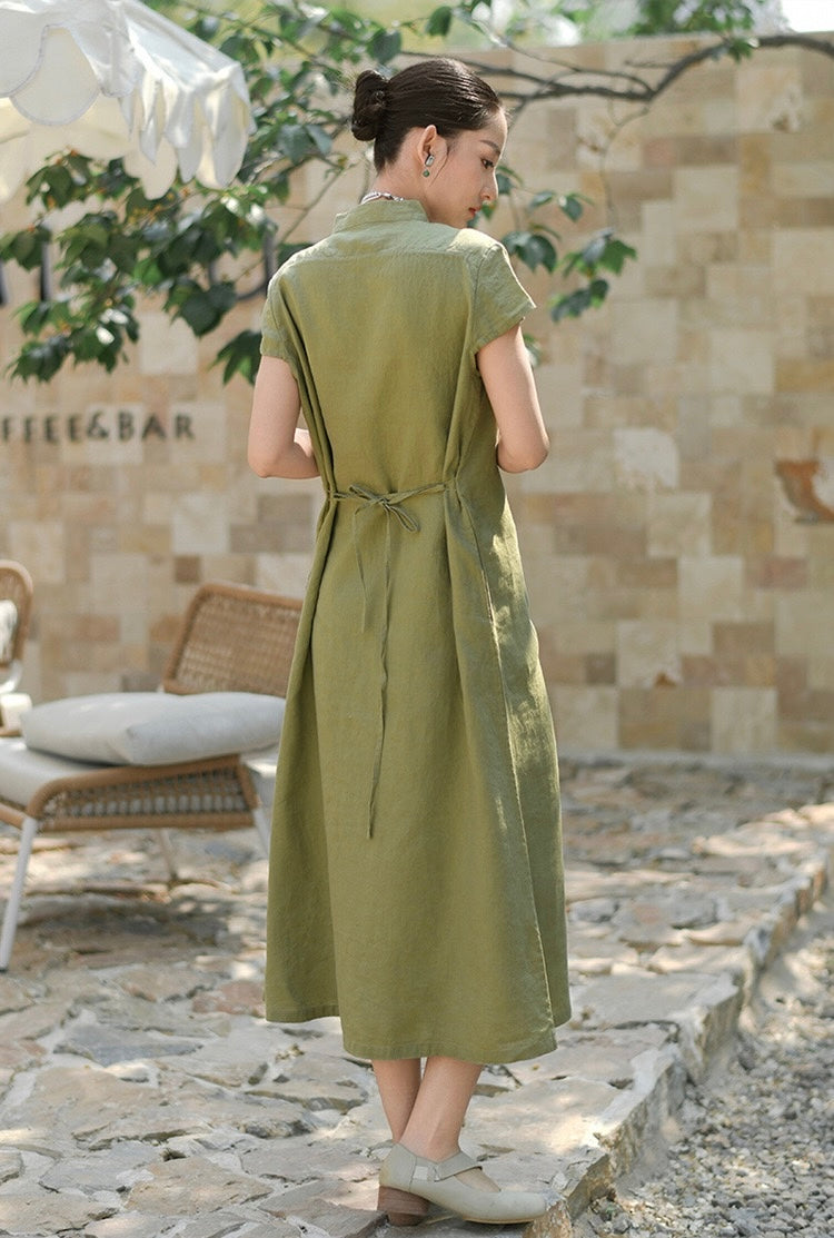 Tao One Tech™ • Elegant Classic Cheongsam Dress • Business Qigong • Long Dress • Tech Pockets • Chinoiserie • Premium Linen • Sizes M-XXL