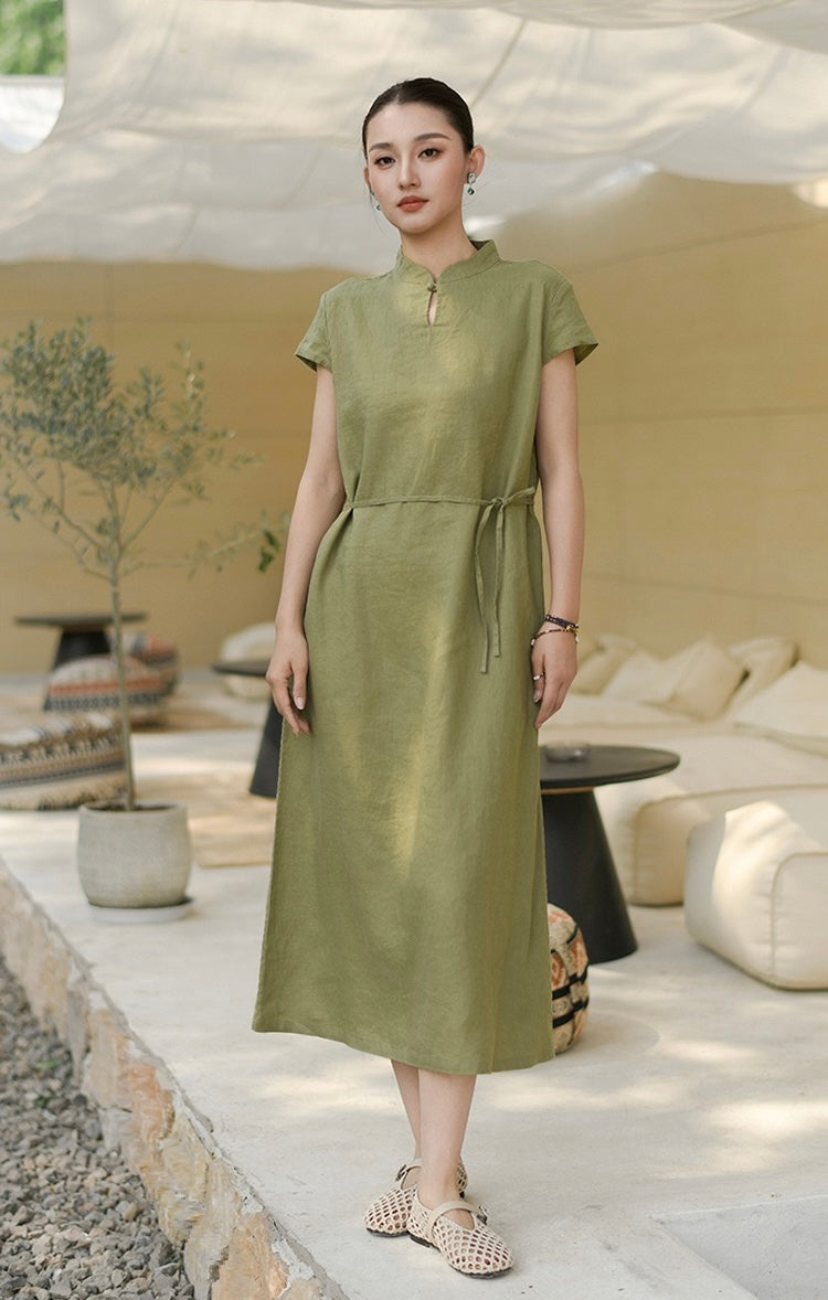 Tao One Tech™ • Elegant Classic Cheongsam Dress • Business Qigong • Long Dress • Tech Pockets • Chinoiserie • Premium Linen • Sizes M-XXL