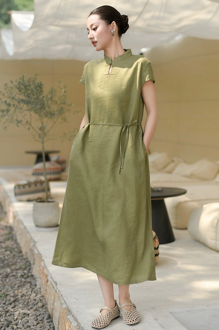 Tao One Tech™ • Elegant Classic Cheongsam Dress • Business Qigong • Long Dress • Tech Pockets • Chinoiserie • Premium Linen • Sizes M-XXL