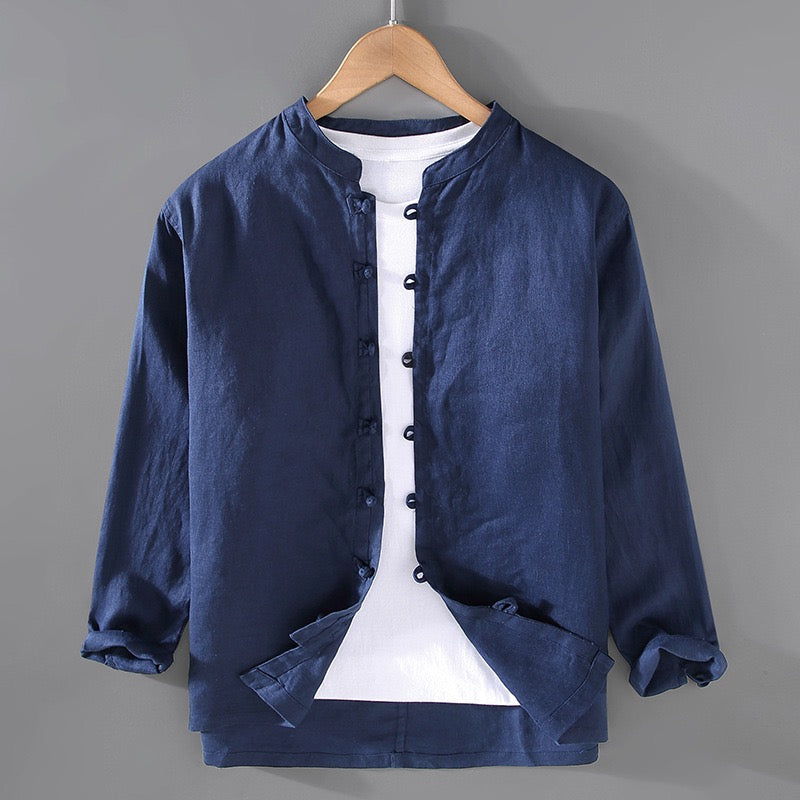 Tao One Tech™ • Business Qigong Shirt Jacket • Minimal Style • Tech Pockets • Sunscreen Layer • All Season Layering • Natural Air Conditioner • Premium Pure Linen • Men’s Sizes M-3XL