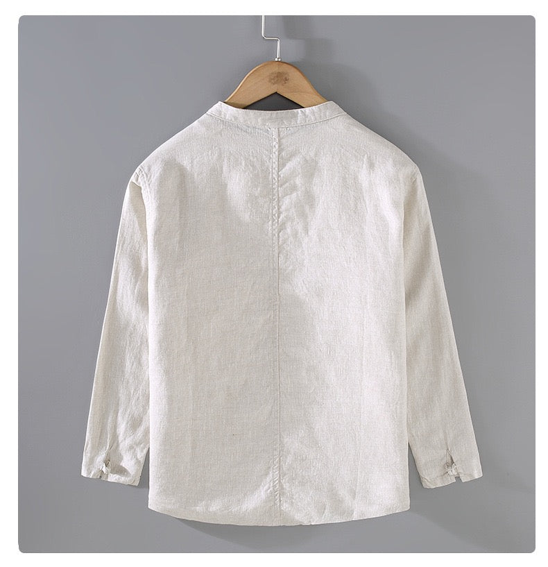 Tao One Tech™ • Business Qigong Shirt Jacket • Minimal Style • Tech Pockets • Sunscreen Layer • All Season Layering • Natural Air Conditioner • Premium Pure Linen • Men’s Sizes M-3XL