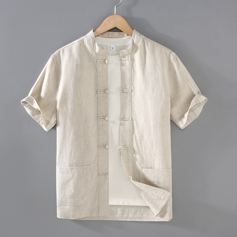 Tao One Tech™ • Business Qigong Shirt Jacket • Short-Sleeves • Tech Pockets • Sunscreen Layer • All Season Layering • Natural Air Conditioner • Premium Pure Linen • Men’s Sizes M-3XL