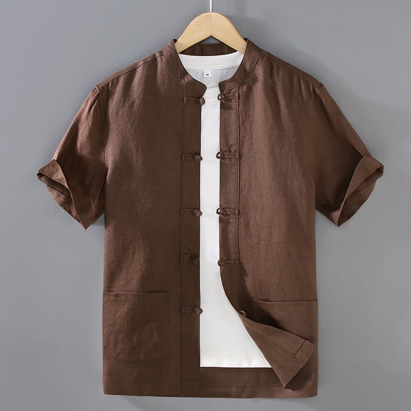 Tao One Tech™ • Business Qigong Shirt Jacket • Short-Sleeves • Tech Pockets • Sunscreen Layer • All Season Layering • Natural Air Conditioner • Premium Pure Linen • Men’s Sizes M-3XL
