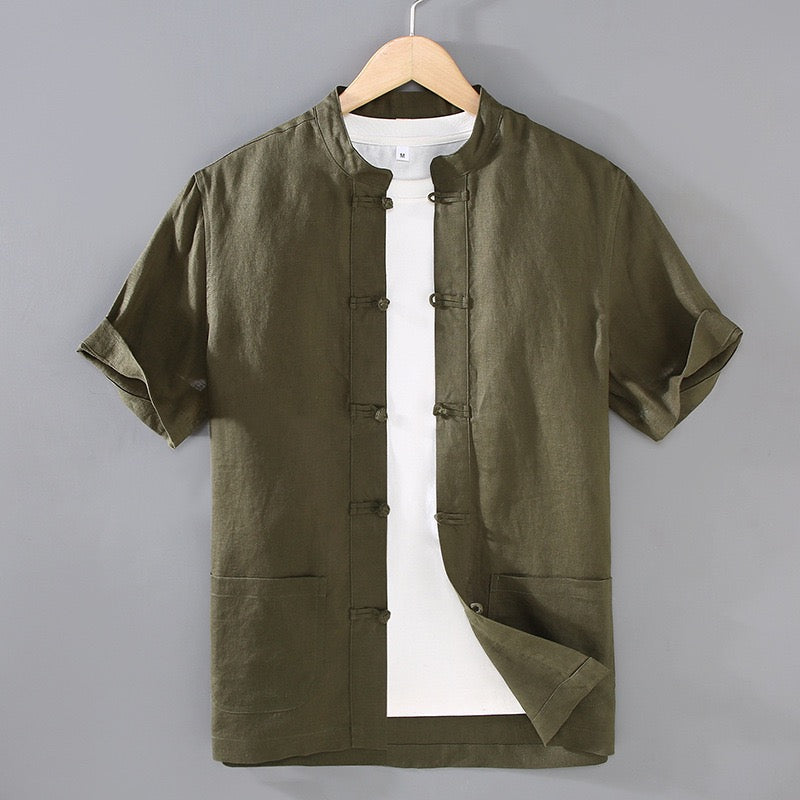 Tao One Tech™ • Business Qigong Shirt Jacket • Short-Sleeves • Tech Pockets • Sunscreen Layer • All Season Layering • Natural Air Conditioner • Premium Pure Linen • Men’s Sizes M-3XL