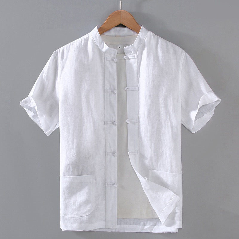 Tao One Tech™ • Business Qigong Shirt Jacket • Short-Sleeves • Tech Pockets • Sunscreen Layer • All Season Layering • Natural Air Conditioner • Premium Pure Linen • Men’s Sizes M-3XL