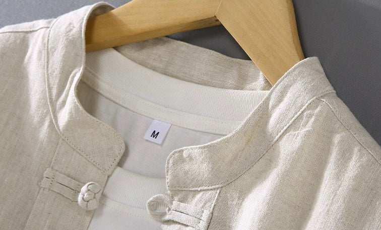 Tao One Tech™ • Business Qigong Shirt Jacket • Short-Sleeves • Tech Pockets • Sunscreen Layer • All Season Layering • Natural Air Conditioner • Premium Pure Linen • Men’s Sizes M-3XL