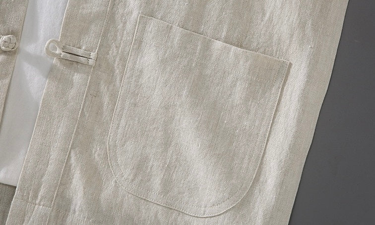 Tao One Tech™ • Business Qigong Shirt Jacket • Short-Sleeves • Tech Pockets • Sunscreen Layer • All Season Layering • Natural Air Conditioner • Premium Pure Linen • Men’s Sizes M-3XL