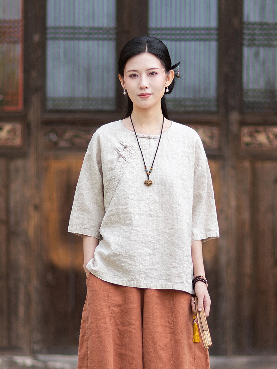 Tao One Tech™ • Zen Business Qigong Shirt • Quarter Sleeves • Chinoiserie • Ramie Cotton