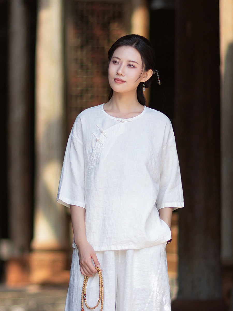 Tao One Tech™ • Zen Business Qigong Shirt • Quarter Sleeves • Chinoiserie • Ramie Cotton