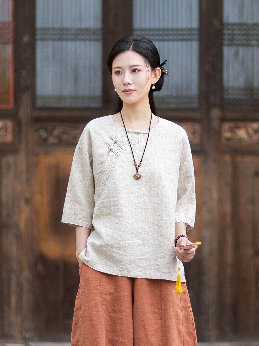 Tao One Tech™ • Zen Business Qigong Shirt • Quarter Sleeves • Chinoiserie • Ramie Cotton