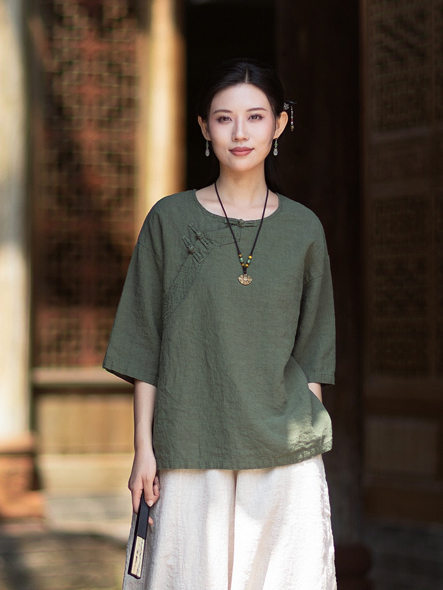 Tao One Tech™ • Zen Business Qigong Shirt • Quarter Sleeves • Chinoiserie • Ramie Cotton