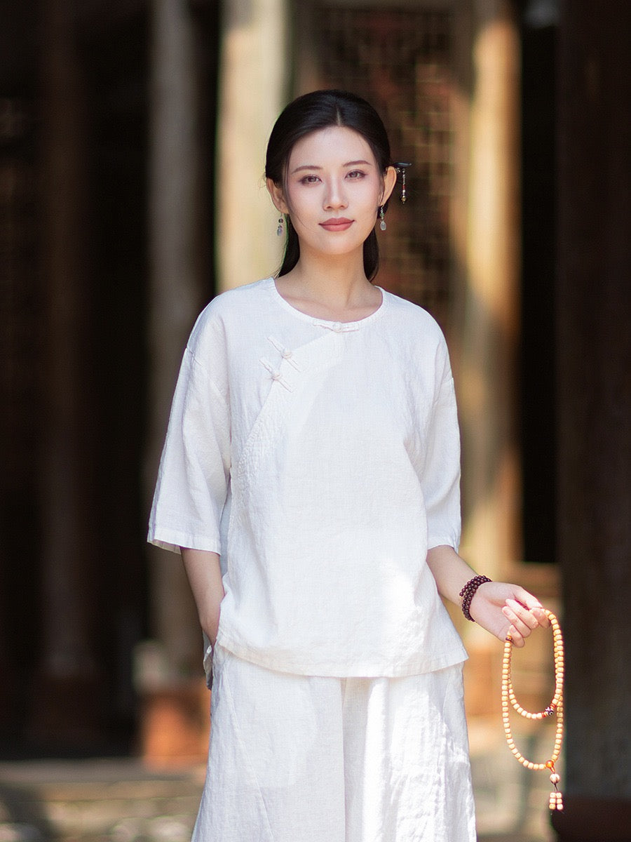 Tao One Tech™ • Zen Business Qigong Shirt • Quarter Sleeves • Chinoiserie • Ramie Cotton