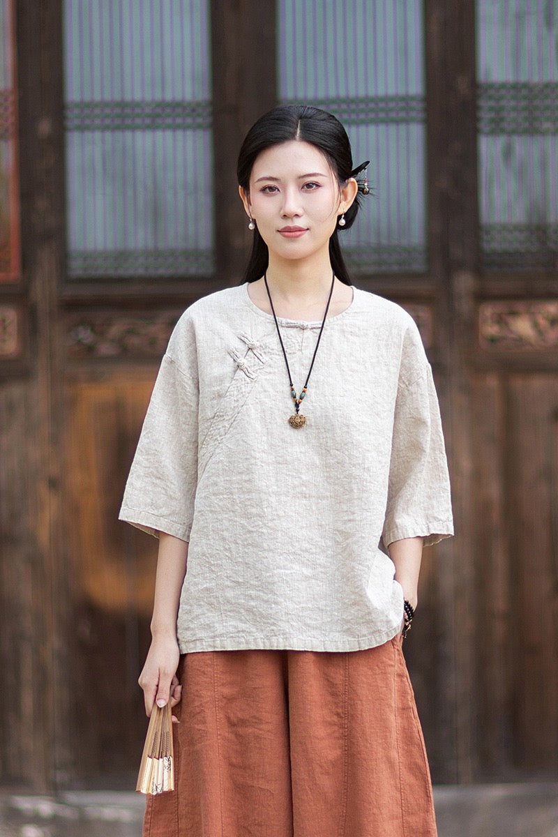 Tao One Tech™ • Zen Business Qigong Shirt • Quarter Sleeves • Chinoiserie • Ramie Cotton
