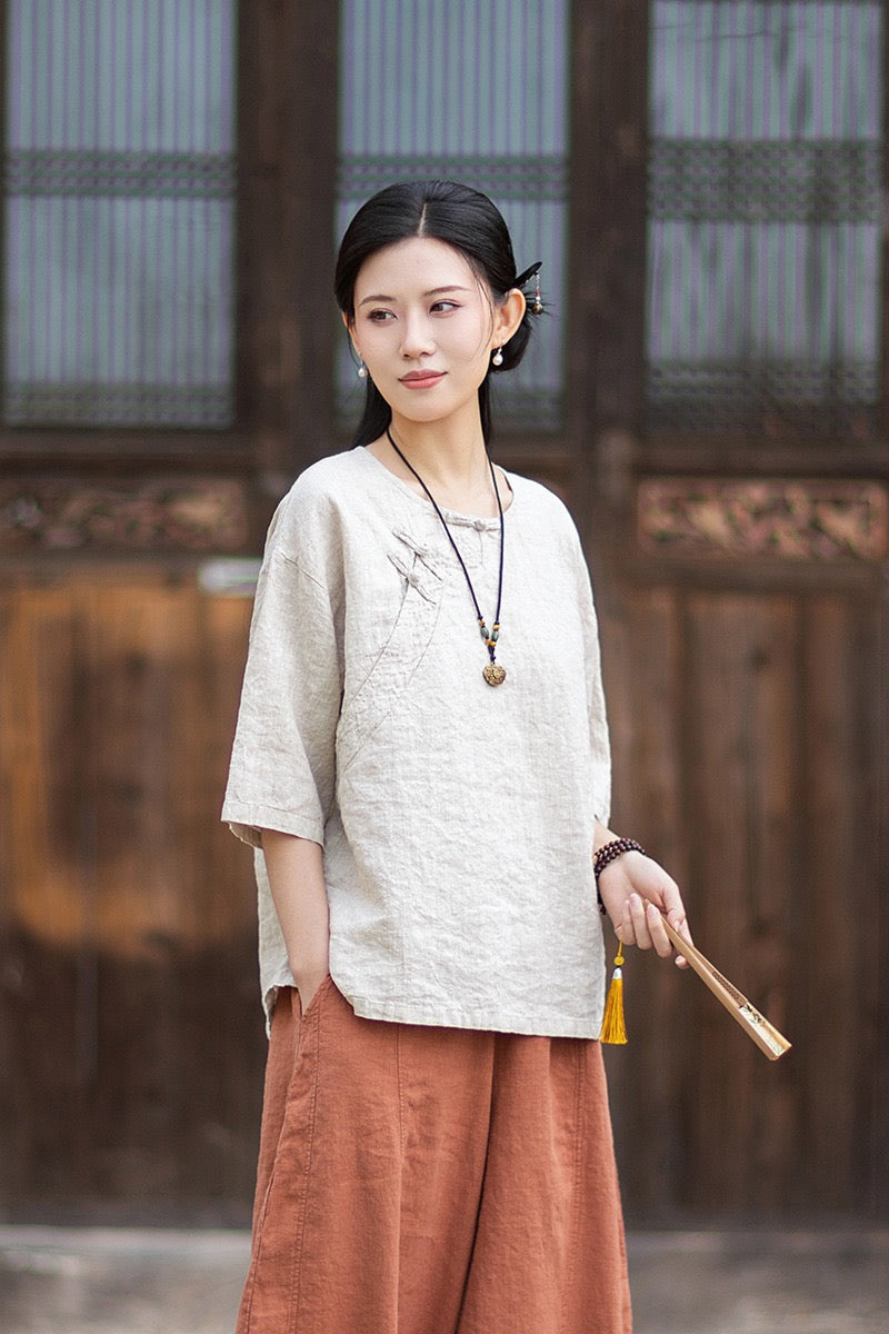 Tao One Tech™ • Zen Business Qigong Shirt • Quarter Sleeves • Chinoiserie • Ramie Cotton
