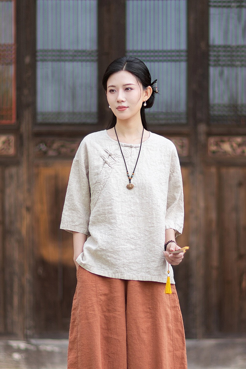 Tao One Tech™ • Zen Business Qigong Shirt • Quarter Sleeves • Chinoiserie • Ramie Cotton
