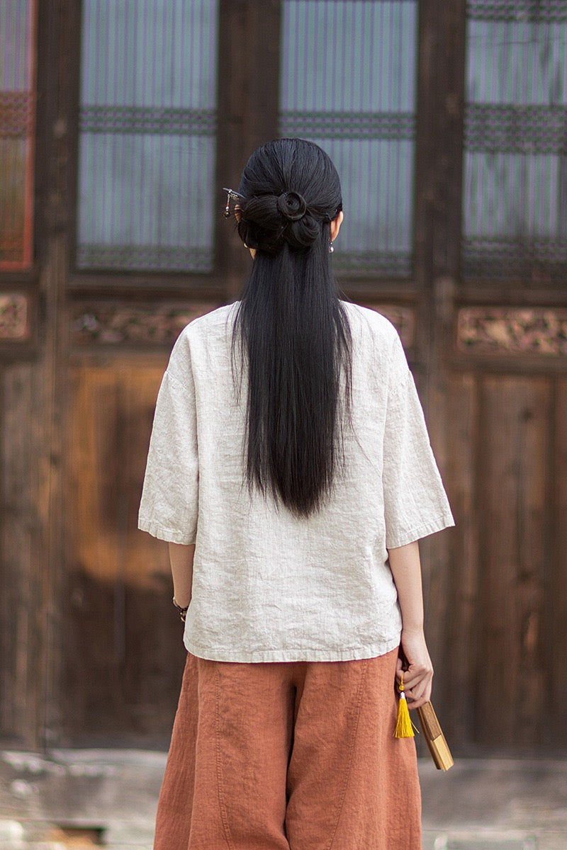 Tao One Tech™ • Zen Business Qigong Shirt • Quarter Sleeves • Chinoiserie • Ramie Cotton