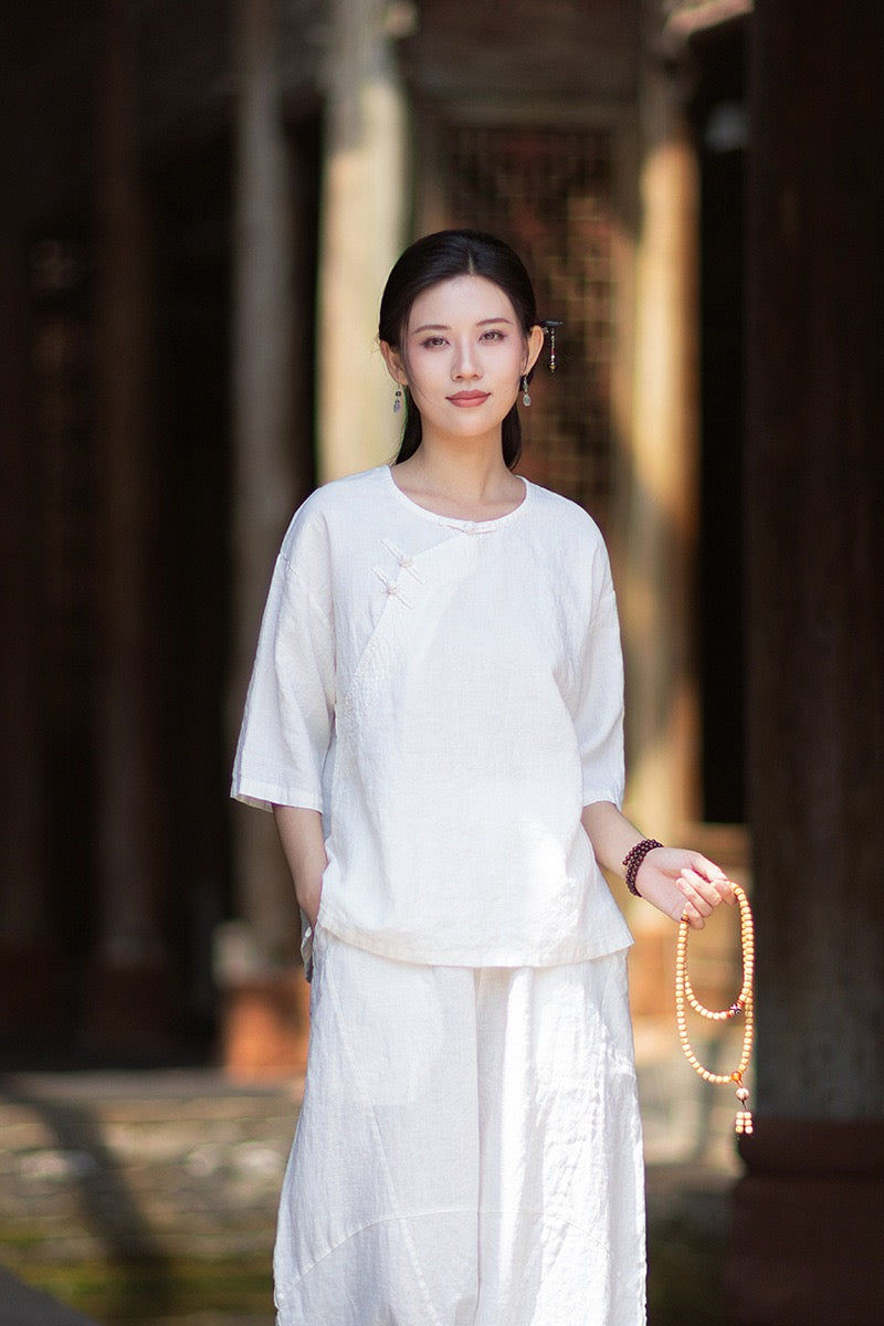Tao One Tech™ • Zen Business Qigong Shirt • Quarter Sleeves • Chinoiserie • Ramie Cotton