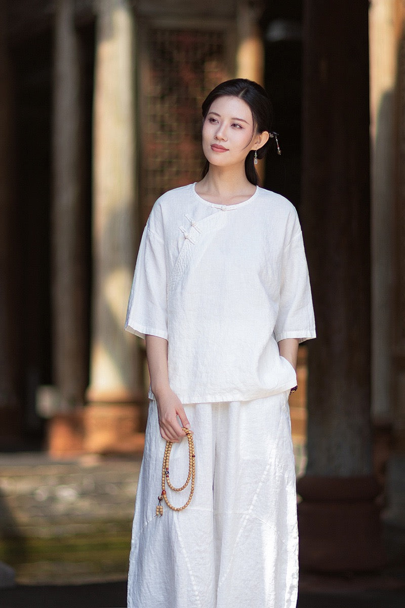 Tao One Tech™ • Zen Business Qigong Shirt • Quarter Sleeves • Chinoiserie • Ramie Cotton