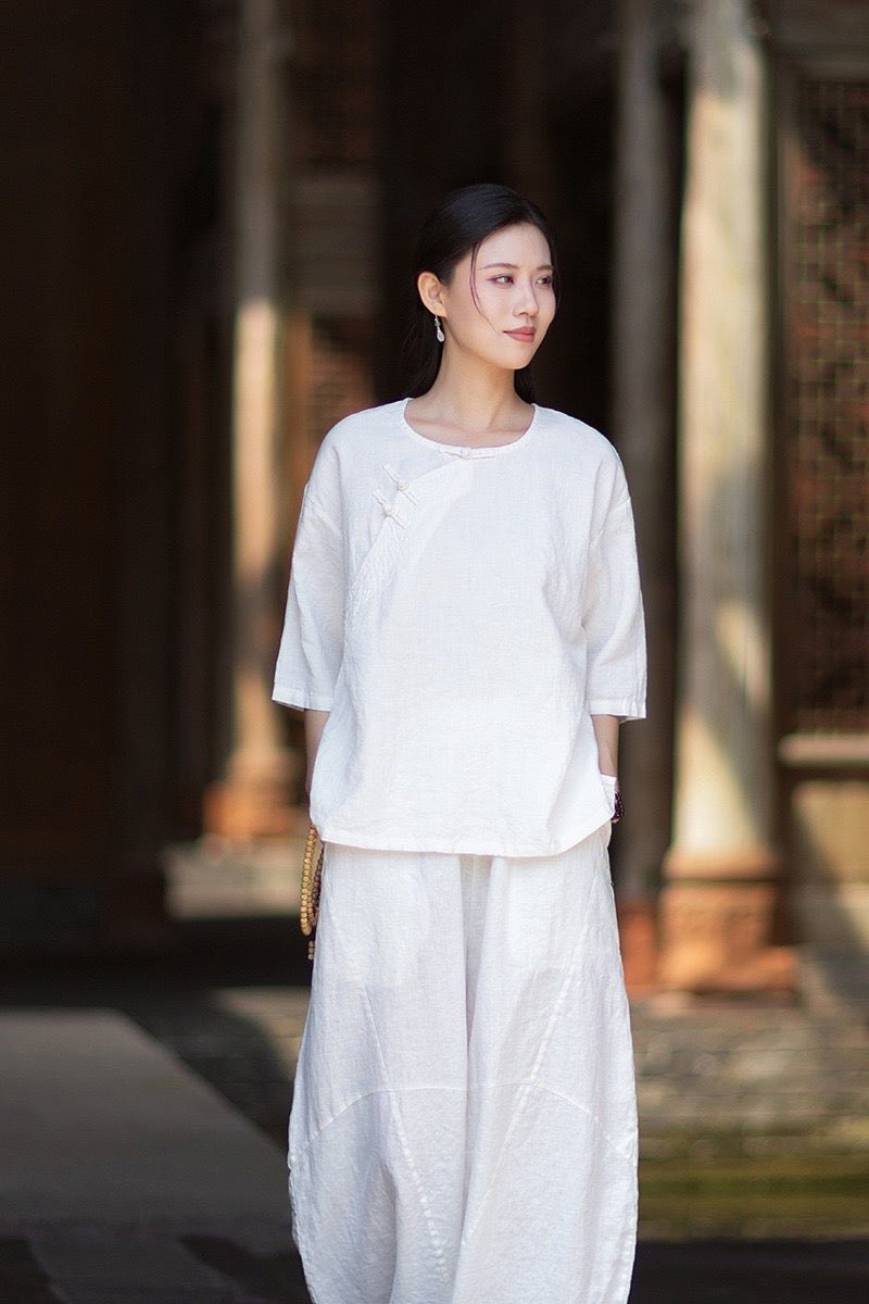 Tao One Tech™ • Zen Business Qigong Shirt • Quarter Sleeves • Chinoiserie • Ramie Cotton