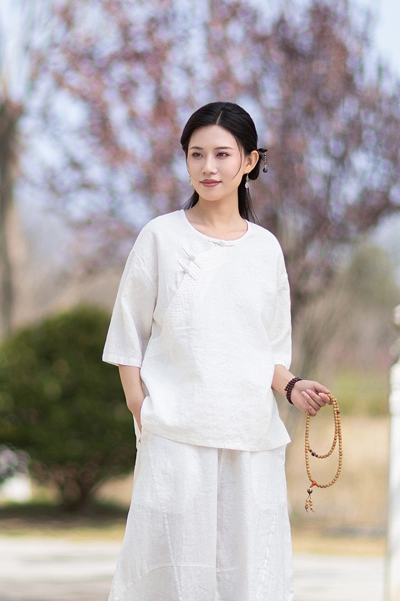 Tao One Tech™ • Zen Business Qigong Shirt • Quarter Sleeves • Chinoiserie • Ramie Cotton