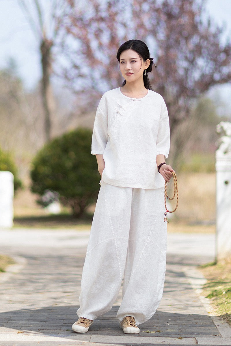 Tao One Tech™ • Zen Business Qigong Shirt • Quarter Sleeves • Chinoiserie • Ramie Cotton