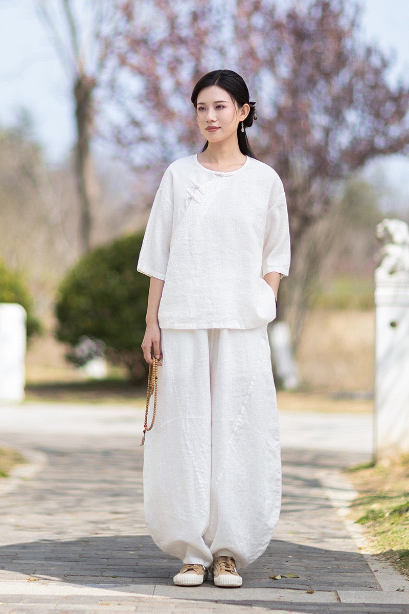 Tao One Tech™ • Zen Business Qigong Shirt • Quarter Sleeves • Chinoiserie • Ramie Cotton