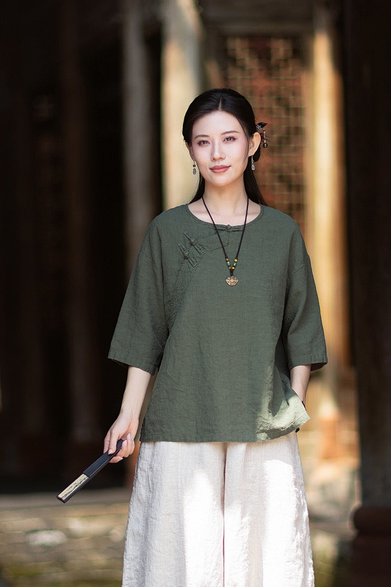 Tao One Tech™ • Zen Business Qigong Shirt • Quarter Sleeves • Chinoiserie • Ramie Cotton