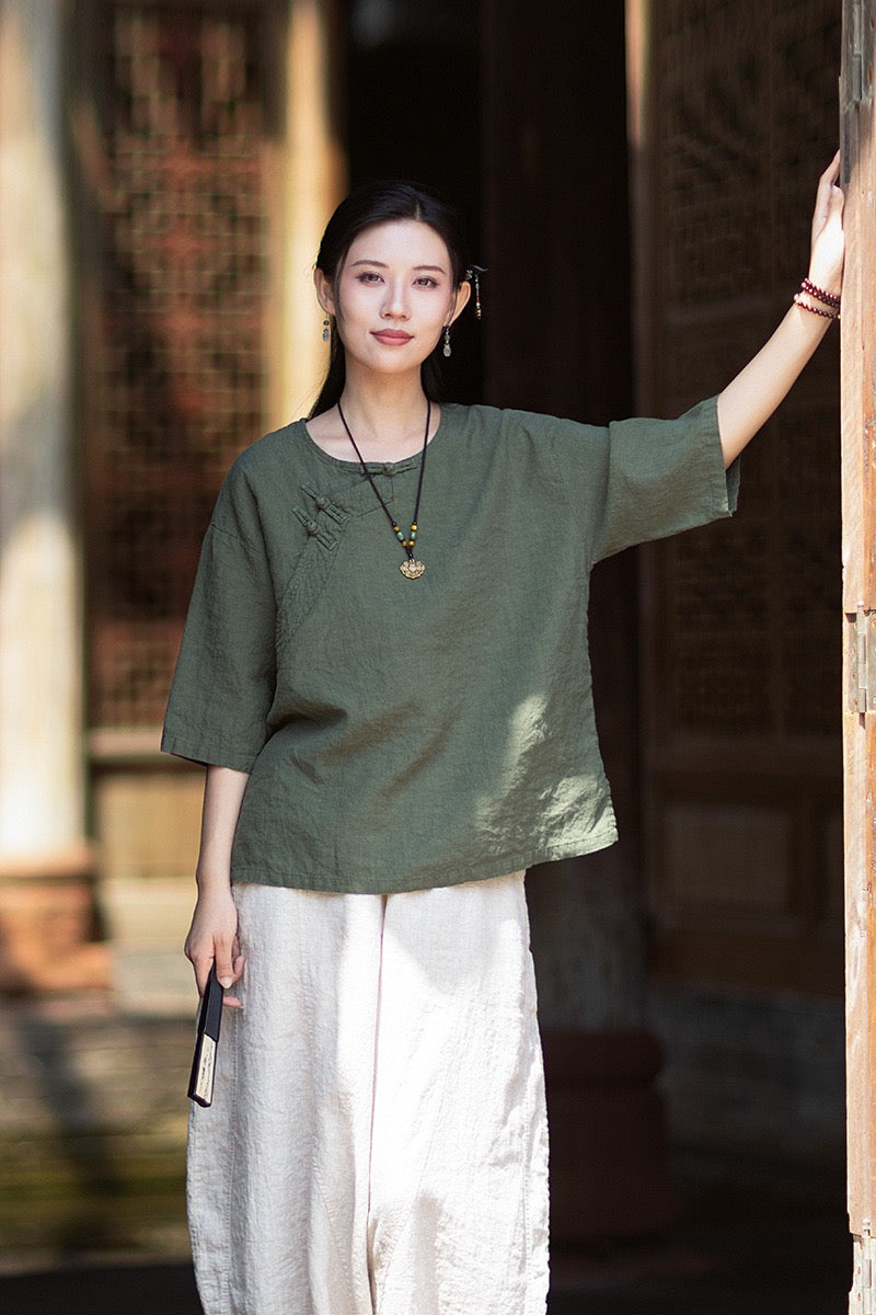 Tao One Tech™ • Zen Business Qigong Shirt • Quarter Sleeves • Chinoiserie • Ramie Cotton