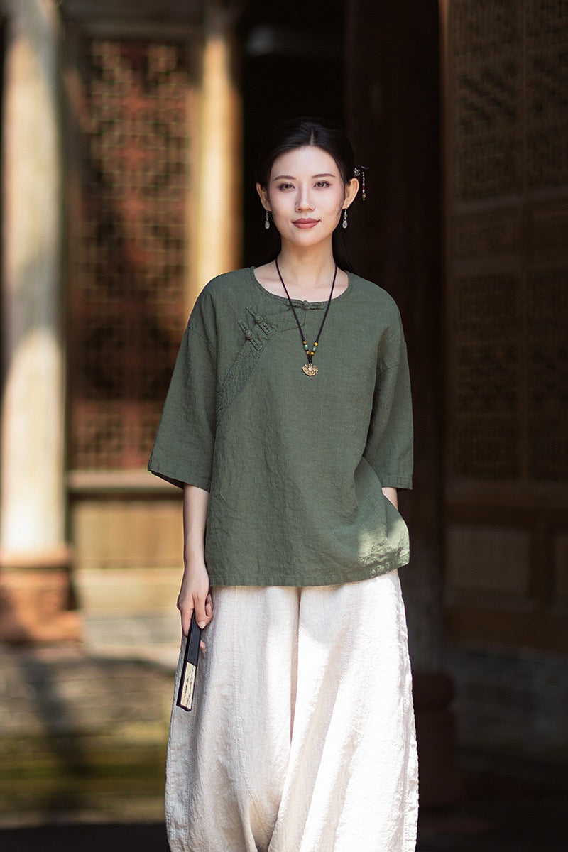Tao One Tech™ • Zen Business Qigong Shirt • Quarter Sleeves • Chinoiserie • Ramie Cotton