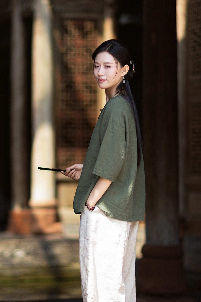 Tao One Tech™ • Zen Business Qigong Shirt • Quarter Sleeves • Chinoiserie • Ramie Cotton