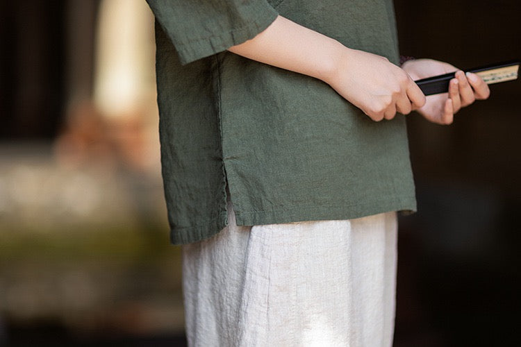 Tao One Tech™ • Zen Business Qigong Shirt • Quarter Sleeves • Chinoiserie • Ramie Cotton