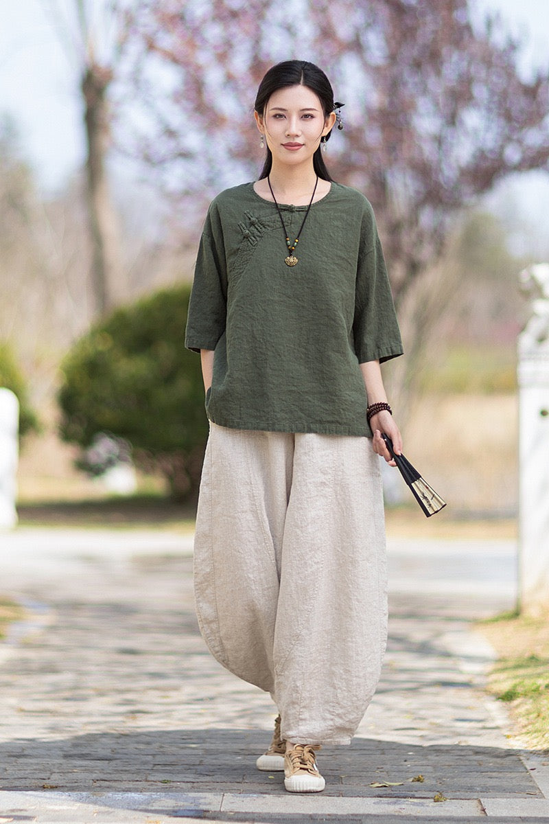 Tao One Tech™ • Zen Business Qigong Shirt • Quarter Sleeves • Chinoiserie • Ramie Cotton