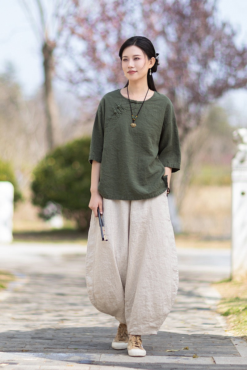 Tao One Tech™ • Zen Business Qigong Shirt • Quarter Sleeves • Chinoiserie • Ramie Cotton