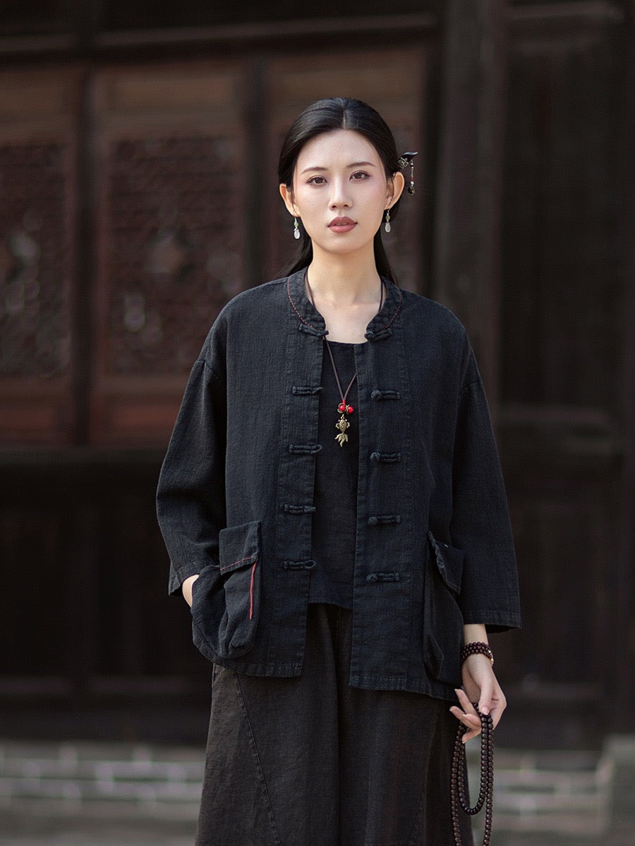 Tao One Tech™ • Zen Business Qigong Shirt Jacket • Tech Pockets • Sunscreen Layer • All Season Layer • Chinoiserie • Ramie Cotton