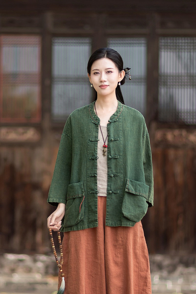 Tao One Tech™ • Zen Business Qigong Shirt Jacket • Tech Pockets • Sunscreen Layer • All Season Layer • Chinoiserie • Ramie Cotton