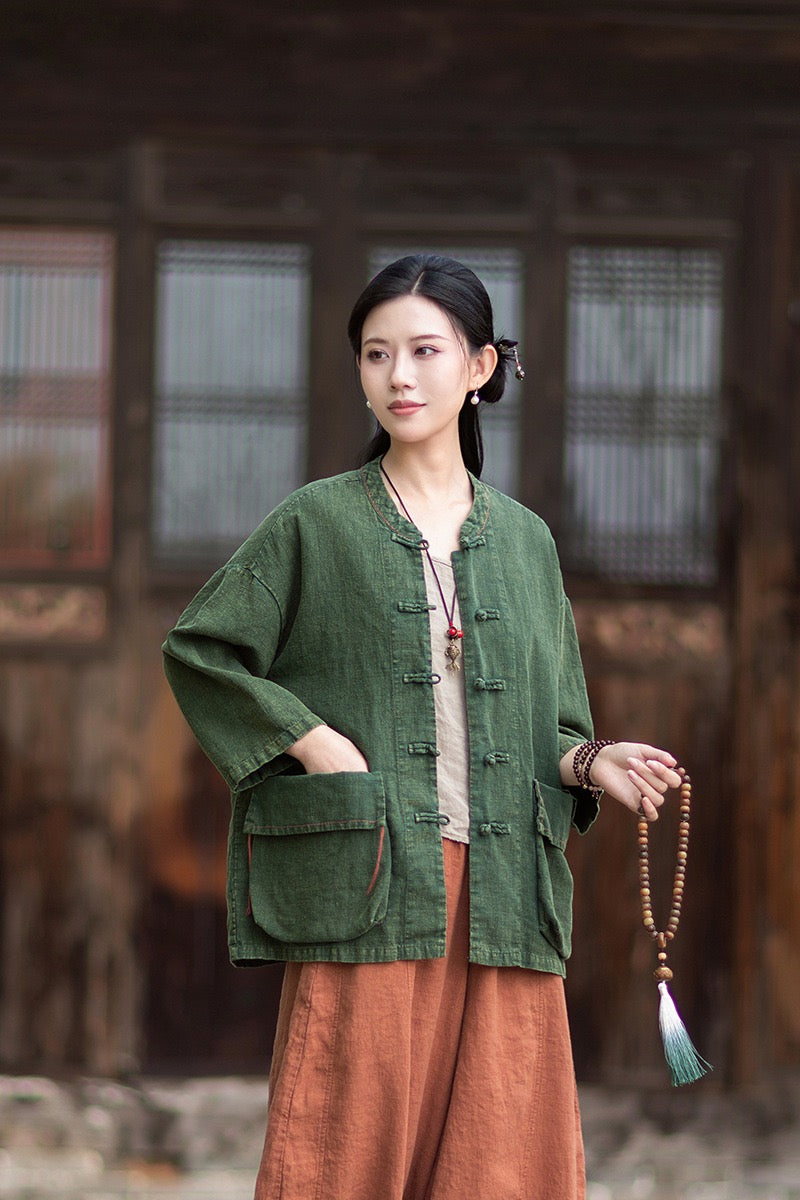 Tao One Tech™ • Zen Business Qigong Shirt Jacket • Tech Pockets • Sunscreen Layer • All Season Layer • Chinoiserie • Ramie Cotton