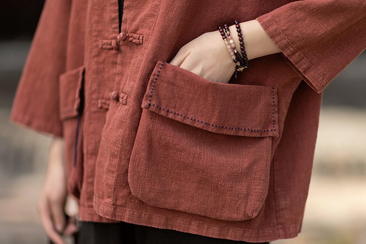 Tao One Tech™ • Zen Business Qigong Shirt Jacket • Tech Pockets • Sunscreen Layer • All Season Layer • Chinoiserie • Ramie Cotton