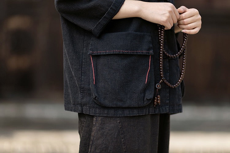 Tao One Tech™ • Zen Business Qigong Shirt Jacket • Tech Pockets • Sunscreen Layer • All Season Layer • Chinoiserie • Ramie Cotton